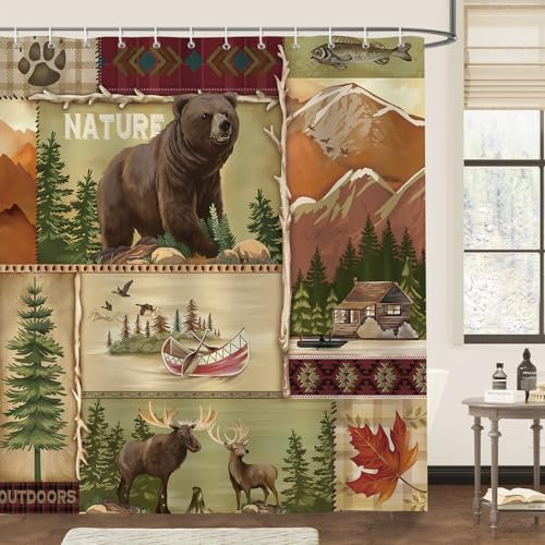 Bonhause Rideau de Douche Automne Ours Animaux de la Forêt Sauvage Rideau de Bain Tissu Polyester Anti Moisissure Imperméable Lavable Rideau Salle de Bain 180 x 180 cm avec 12 Crochets pour Baignoire