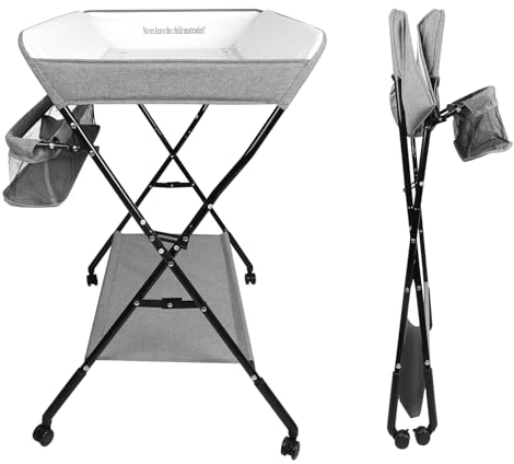 Cambiador Bañera Bebé 2 en 1, Colchón Acolchado y Impermeable Fácil de Limpiar,Cambiador plegable con ruedas, cesta y estantes-86 * 62 * 96cm-gris