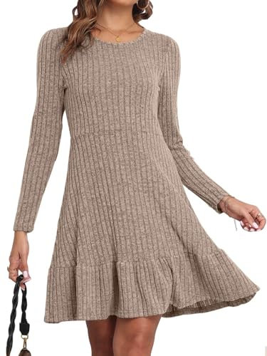 Yutdeng Women's Vintage Long Sleeve Jump Dress Ladies Casual Crew Neck Ruffle A-Line Flared Midi Solid Color Ribbed Knit Sweater Dress for Autumn Winter,Khaki,S
