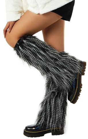 WERNZATT Faux Fur Leg Warmers for Womens Winter Warm Fur Boot Cuffs Covers Christmas Halloween Rave Party Costume Accessories (Dark Grey, 40cm/15.75inches)