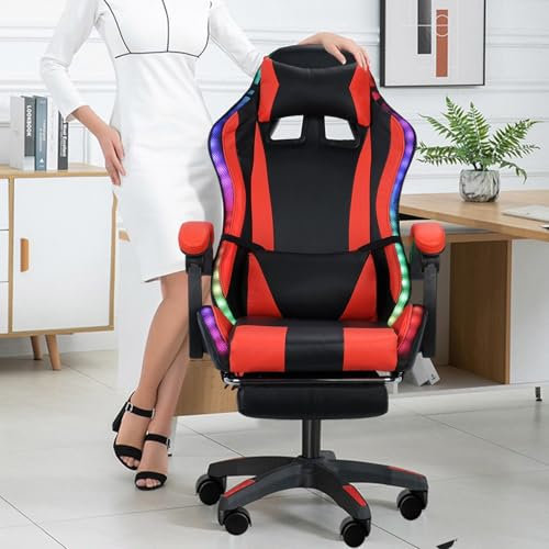 loyliawa Gaming Chair with Bluetooth Speakers and RGB LED Lights, Ergonomic Massage Computer Gaming Chair with Footrest, Height Adjustable, Video Game Chair High Back with Lumbar Support Black & Red
