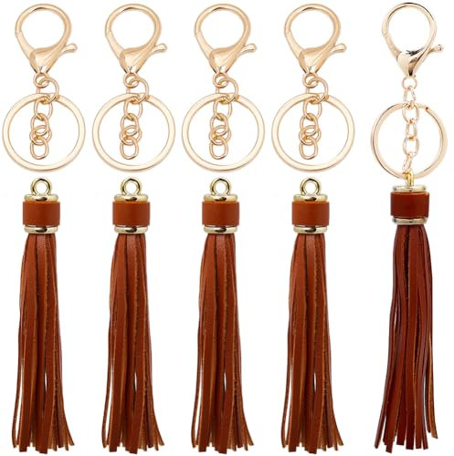 SUNNYCLUE 1 Box 4 Stück Quasten Schlüsselanhänger Fransen Schlüsselanhänger Große Menge Braunee PU Fransenanhänger Aus Kunstleder Mit Goldenem Karabinerverschluss Aus Eisen Für Schlüsselanhänger Handt