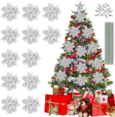Oenothera 12 Pezzi Fiori di Natale Artificiali Glitterati, Artificiali Fiori Di Natale con Stelo E Clip, Natale Glitter Artificiale Fiori Ornamenti per Glitter Albero Di Natale Anno Ornamenti（Argento）