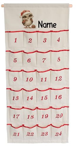 GRAZDesign Adventskalender zum Befüllen, 24 Weihnachtskalender Zum Befüllen, 46x110 cm Groß Adventskalender Selber Befüllen personalisiert mit Namen Eule