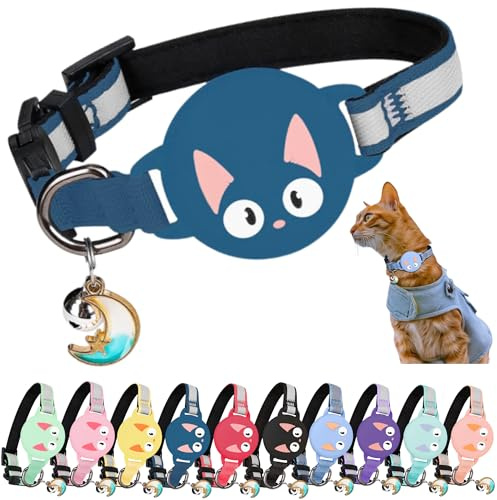 Kittytag Katzenhalsband mit Zubehör, kompatibel mit Airtag Apple, reflektierend und Leuchtend, GPS, Katze mit Anti-Drosselung, verstellbar, GPS Airtag Nicht im Lieferumfang enthalten (Marineblau)