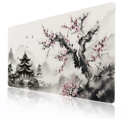 Japanisches Mauspad, Anime, erweitert, Kirschblüte, großes XL-Mauspad, rutschfeste Gummiunterseite, genähte Kanten, lange Tastaturunterlage für Schreibtisch, Gaming, Laptop, Desktop, 80 x 40 cm