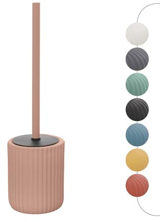 Inbagno Porta scopino WC Rosa cannettato in Ceramica Soft Touch, setole Nere Anti-igieniche con paraspruzzi, Spring