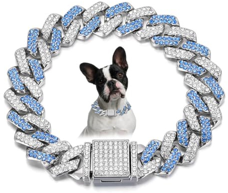 Silver Blue Chain Dog Collar, Diamond Metal Cuban Link Chain Collar For Dogs,Bling Sparkly Puppy Necklace for Small Medium Large Pet Dogs Cats(10 inch)