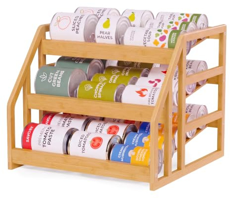 HOMESTEAD Bamboo Can Organizer for Pantry - 3 Tier Rack with Adjustable Dividers, Gravity Feed Canned Goods Organizer, 36 Cans Soda Storage