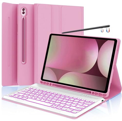 Funda de teclado para Samsung Tab S10 Plus/ S9 FE+/ S9+/ S8 Plus /S7 Plus/S7 FE 12.4 pulgadas Smart Backlit Case Teclado con soporte para bolígrafo (rosa)