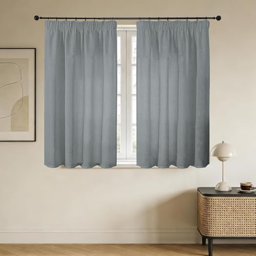 Joydeco Leinen Gardinen mit Kräuselband Grau Vorhänge Wohnzimmer Modern Boho Leinenoptik Gardine Halbtransparent Vorhang für Schienensystem Curtains Bedroom 2er Set H 137 x B 117 cm