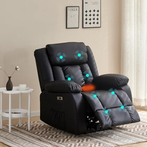 BSTSEL Electric Recliner Armchair 1/2 Seater Sofa Set with Massage Heat, Cord Fabric/PU Leather Recliner Chair USB Ports Side Storage Pockets Ergonomic Lounge for Living Room (Black PU Recliner)