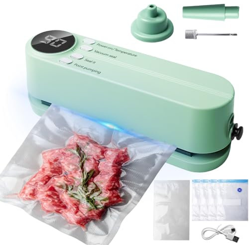 Mini Vakuumierer, Vakuumiergerät Wiederaufladbar Folienschweißgerät mit 3 Geschwindigkeiten Vakumierergerät für Lebensmittel mit 5 Vakuumierbeuteln zur Snackkonservierung und Lebensmittelaufbewahrung