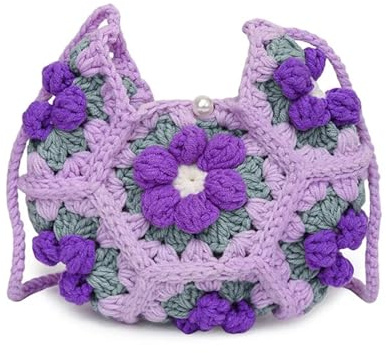 JTKSSCS Borsa Uncinetto Borsa a Tracolla Monospalla con Fiore gonfio Tridimensionale, a Mezzaluna, Realizzata a Mano(Purple)