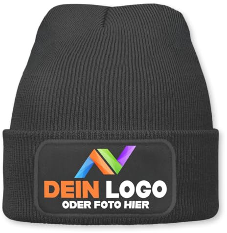 Wintermütze mit Logo personalisiert – Beanie individuell mit Wunschlogo, Text oder Foto | Strickmütze Unisex für Damen & Herren | Perfekt als Mitarbeitergeschenk, Firmengeschenk & Wintergeschenk