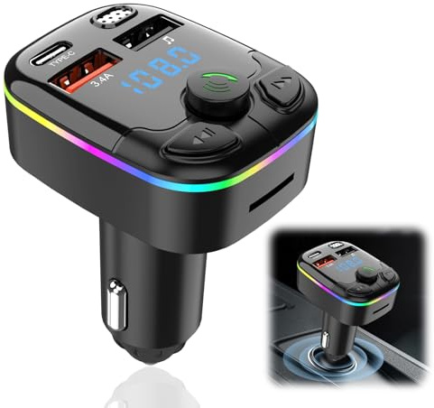 Bluetooth FM Transmitter Auto, 12/24V Bluetooth 5.3 Adapter mit 5V/3.1A Schnellladung & Typ-C, Bass & Hi-Fi Stereo, LED-Licht, Unterstützung USB/TF-Karte/Freisprecheinrichtung