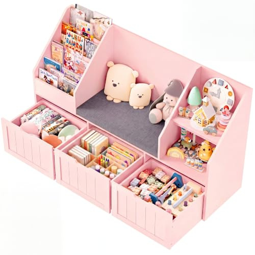 FOREHILL Kids Toy Storage Unit with Storage Bench 140cm Kids Bookshelf | 4-tier Childrens Bookcase, Toy Organiser, 3 Drawers with 360° Swivel Castors, Soft Seat Cushion, 140 x 39.5 x 80 cm Pink