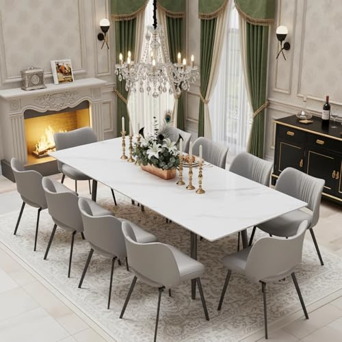 TFFCIC Extendable Sintered Stone White Marble-Effect Dining Table with Dual Hidden Extensions, 160–240cm, Modern Executive Rectangular Table for Kitchen, Dining Room, Seats 4–10