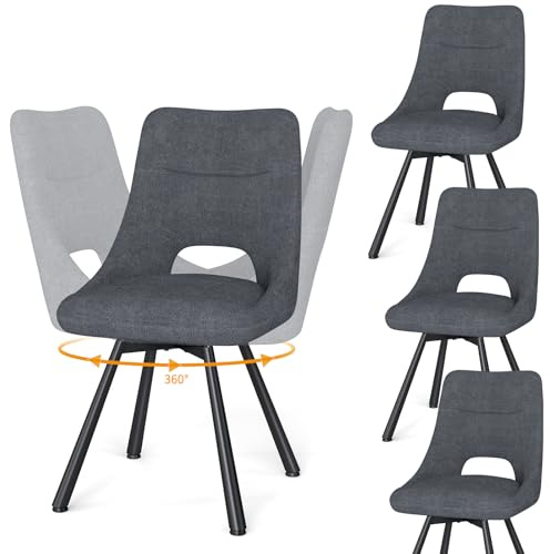 WAFTING 360° Drehbare Esszimmerstühle mit Metallbeine 4er Set, Dunkelgrau | Kunst-Kaschmir-Stoff, 48 cm Breite Sitzfläche, Moderne Gepolsterte Küchenstühle, für Esszimmer, Küche, Wohnzimmer und Cafés
