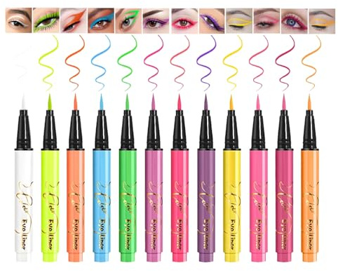 Set de 12 delineadores de ojos neón, kit de rotuladores de pintura facial neón con brillo UV, rotulador delineador de ojos líquido con brillo en la oscuridad rotuladores de maquillaje fluorescente UV