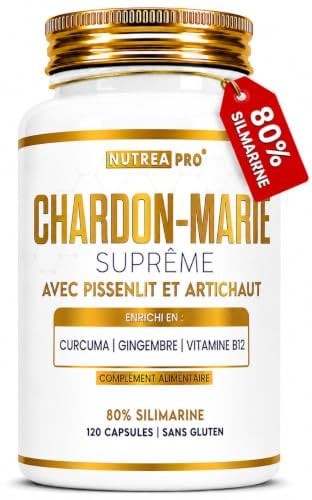 Chardon Marie Extra Fort avec Pissenlit, Artichaut, Curcuma, Gingembre et Vitamine B12| 80% Silymarine 240 mg | Extrait de Chardon Marie Haute Concentration | 120 Gélules pour 4 Mois | NUTREAPRO®