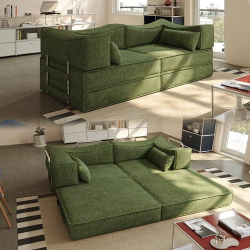 Wumagin Schlafsofa 160 cm Breit, Bodensofa Bed mit Pillow Back Support Armrest, Bequemer ausklappbarer Futon, Modularer Loveseat ohne Federkern für Wohnzimmer, rutschfest (Grün)