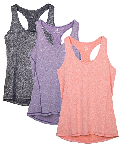 icyzone Damen Sporttop Yoga Tank Top Ringerrücken Oberteil Laufen Fitness Funktions Shirt, 3er Pack (S, Charcoal/Lavender/Peach)