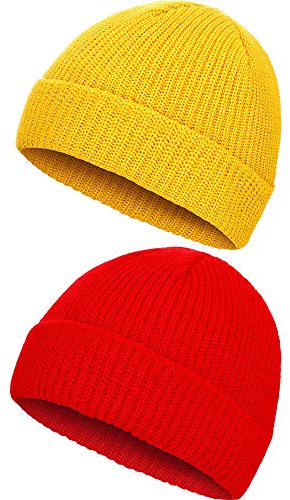 2 Stücke Winter Warme Mütze Hut Strick Manschette Kappe für Männer Tägliches Tragen (Rot und Gelb)