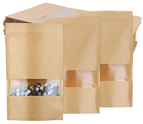 TsunNee 50PCS Kraft Paper Stand Up Food Bags, Bolsas de sellado Ziplock reutilizables, Bolsa de embalaje de alimentos de papel marrón con ventana transparente, 18x30cm