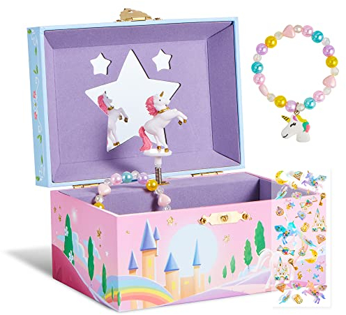 JOYIN Musikalisches Schmuckkästchen Mädchen,Einhorn Geschenke für Mädchen 4 5 6 7Jahre, Drehung Einhorn Spielzeug für Kinder Spieluhr Mädchen Geschenk mit Spiegel und Einhorn Armbänder Aufkleber