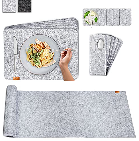 Miqio® Design Tischläufer Set aus Filz abwaschbar | Inkl. 18-teiliges Tischset aus Glasuntersetzer und Bestecktaschen | Tischset (44x30 cm) Tischband (150x40 cm) - Hellgrau