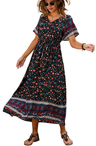 GRECERELLE Womens Summer Maxi Boho Beach Dress Floral Print Dress V Neck Short Sleeve Drawstring High Waist Flowy Long Midi Dresses (Gyro Flower Black, M)
