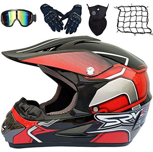 Motorradhelm Cross Helme, Motocross Helm Kinder, Motorrad Downhill Fullface Helm Crosshelm Set Mit Schutzbrille Maske Handschuhe Helm Netz - DOT Zertifizierter, S-XL (52-59CM)