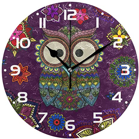 Große Wanduhren, Eulen-Mandala-Blumenelement, dunkel, batteriebetrieben, nicht tickend, 25,4 cm Uhr, geräuschlos, für Schlafzimmer, Küche, Atom, analoge Uhren, Heimdekoration
