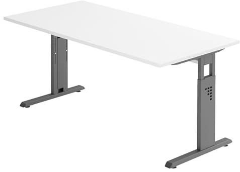 bümö höhenverstellbarer Schreibtisch O-Serie 160x80 cm in weiß, Gestell in Graphit - PC Tisch für's Büro manuell höhenverstellbar, Computertisch verstellbar