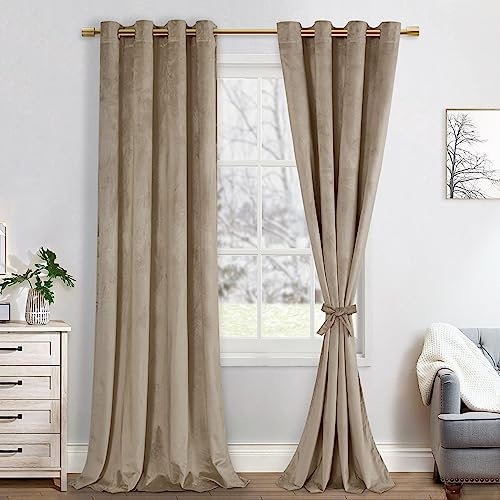 JIUZHEN Verdunklungsvorhang aus Samt, 2er Set Taupe Samt Vorhang weiche blickdichte Gardinen Grün Samtvorhang mit Ösen Vorhänge Samt für Deko Schlafzimmer Wohnzimmer, 140x260cm (B x H),Taupe