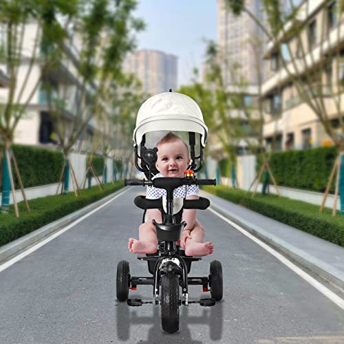 Baby-Dreirad mit Spiegel, Dreirad für Kinder mit Sonnenblende, zusammenklappbar und verstellbarem Elternstock, geräuscharme Räder – Spiele am Lenkrad, faltbar, abnehmbare Tasche und Korb (4-in-1