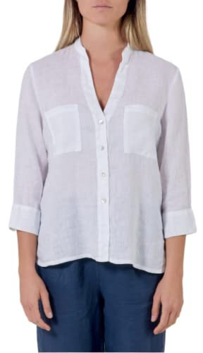 La Primula Verde, Camicia da Donna in Puro Lino, Collo Coreana, Doppio Taschino, Manica 3/4, dalla S alla XL, Regular Slim Fit in Quattro Colori, Bianco, Blu, Rosa, Verde (Small, Bianco)