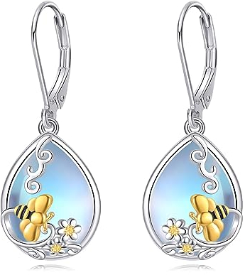 POPLYKE Biene Ohrringe für Damen Mondstein Ohrringe Sterling Silber Leverback Ohrringe Biene Ohrringe Biene Schmuck