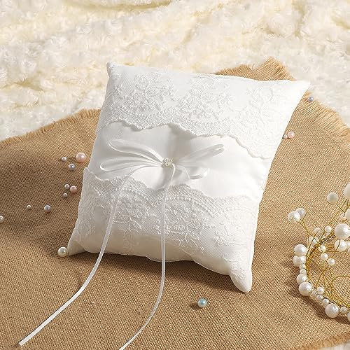 Norhogo cuscino fedi nuziali, cuscinetto fedi per FEDI Nuziali in Pizzo Floreale Cuscino per Portatore di Anelli in Avorio per Festa di Fidanzamento, fantasia floreale, con fiocchetto, 21 cm x 21 cm