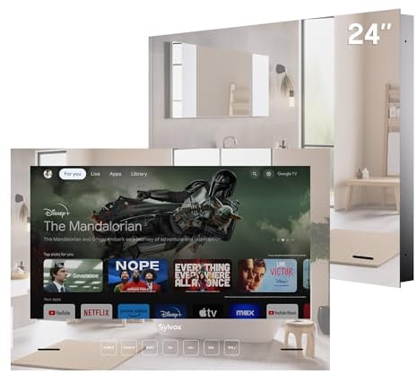 SYLVOX 24 Pollici Specchio TV, Smart Google Television 1080P FHD 500 Nits Mirror Montaggio Integrato Design Televisore IP65 impermeabile, DVB-C/T2/S2 | WiFi, Bluetooth, per Doccia, Bagno