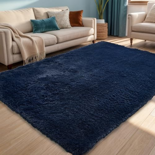 ISMOL Weicher Zottelteppich Flauschiger Flächenteppich Waschbarer Anti-Rutsch-Teppich Wohnzimmer Schlafzimmer Kinderzimmer Teppich Moderner einfarbiger(Blau, 80x160cm)