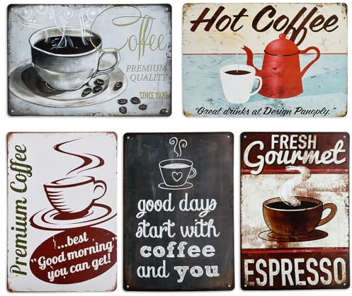 Wvu & Wvo 5 PCS Cafe Wandschild Plaque Poster Cafe Vintage Metall Zinn Malerei Cafe Wanddekoration Retro Vintage Wand Plaque Cafe Plaque Poster Hintergrund Wanddekoration 20cm x 30cm (Coffee)