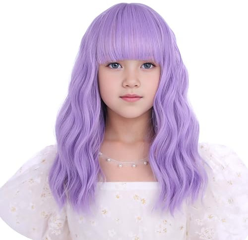 Parrucca per bambini viola chiaro corto viola con frangia per ragazze riccia corta ondulata sintetica resistente al calore con cappuccio parrucca