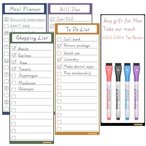 HOMiDEK Magnetic Lined Sticky Notes, 5 Sheets of Reusable Dry Erase Magnet, Used for Fridge Whiteboard, Grocery List, Chore Chart, to Do List for Refrigerator, 4 Dry Erase Markers - 4x10