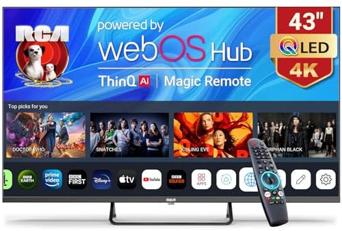 RCA 43-inch QLED 4K Smart TV, Web OS UHD Central Stand TV MEMC HDR10 ThinQ AI, Voice Magic Remote Dolby Audio