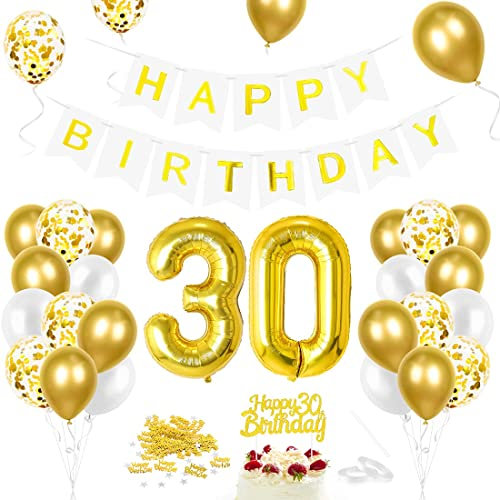 Luftballon 30. Geburtstag Golden - Deko Set Mit Riesen Folienballon Zahl 30, Happy Birthday Ballon Für Mann Und Frau