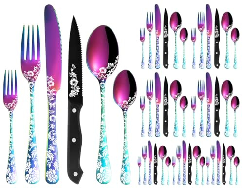 XIAOYU Ménagère de Couverts 48 Pièces avec Couteaux à Steak, Ménagère en Acier Inoxydable pour 8 Personnes, Cuillères Fourchettes Ensemble de Couteaux avec Laser Fleur de Pivoine Unique, Le Rainbow