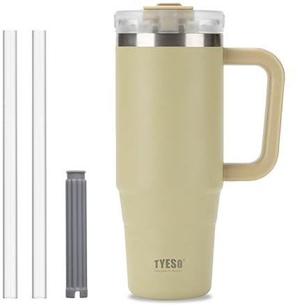 Vaso con popote y tapa, taza de viaje aislada de 30 onzas con popote, taza de café helado de acero inoxidable de doble pared, taza de viaje a prueba de fugas, taza grande con asa (caqui claro)