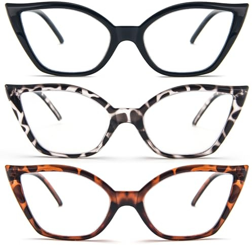 MMOWW 3 Pack Reading Glasses Cat-Eye Fashion Readers Frame for Women | Blue Light Blocking, Spring Hinges